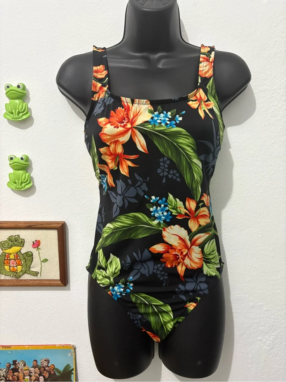 Vintage Women’s Black Tropical Floral One-Piece Swimsuit